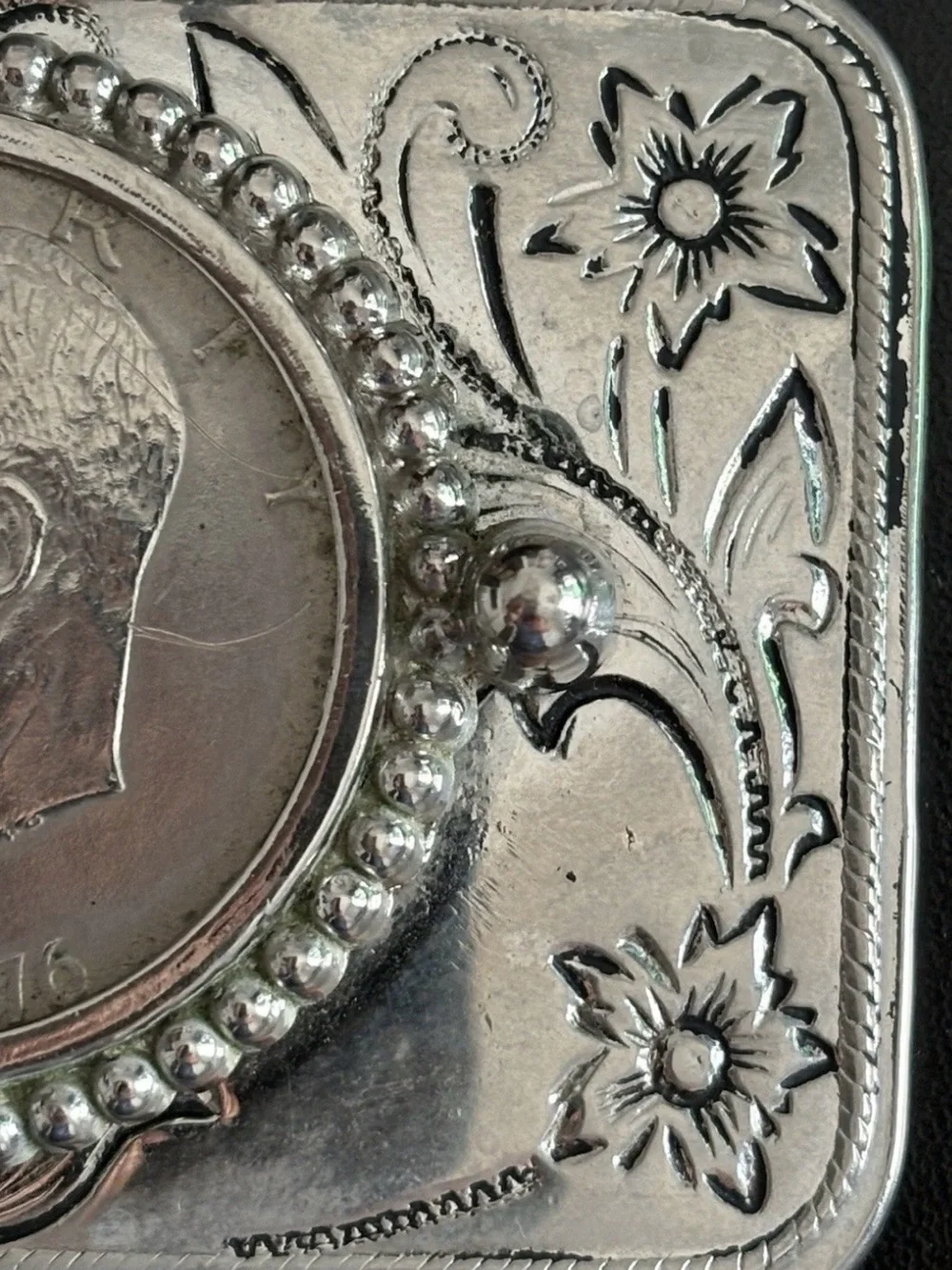 Vintage Silver-Tone Western Belt Buckle with Eisenhower Coin Accent